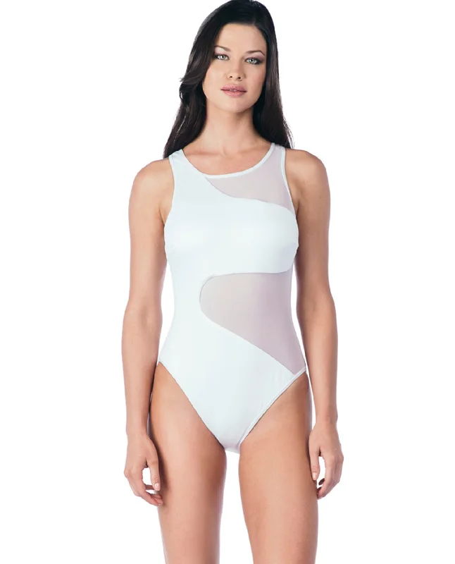 Kenneth Cole New York All Meshed Up Mesh High Neck One Piece Swimsuit Summer Ready Swimsuit