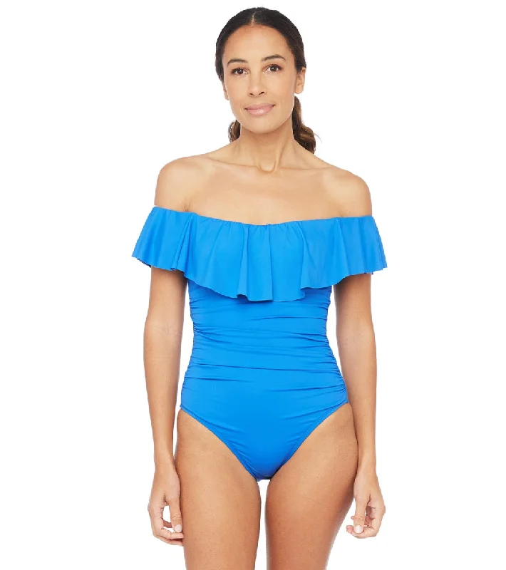 La Blanca Island Goddess Off The Shoulder Ruffle One Piece Swimsuit China Blue Mesh Panel Swimwear
