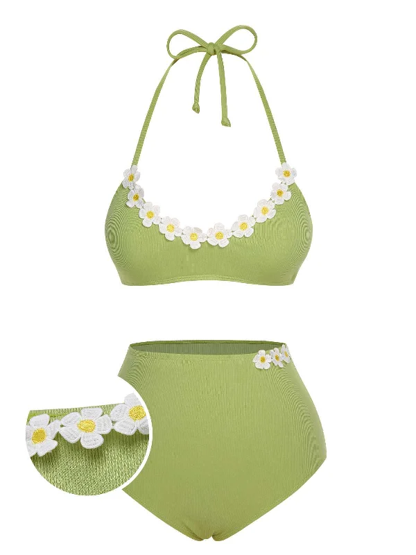 Light Green 1960s Halter Knit Daisy Swimsuit Plus-Size Bikini Set