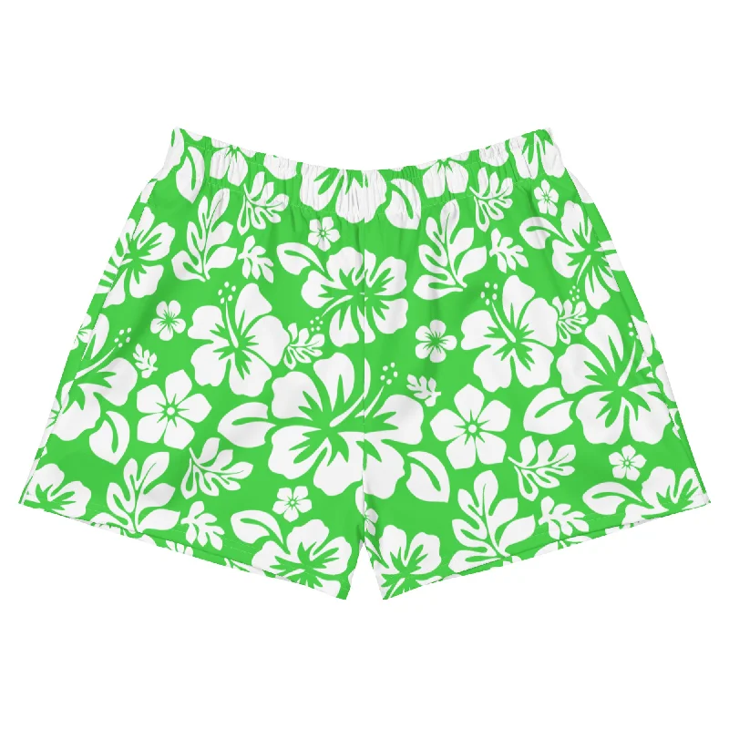 Lime and White Hawaiian Flowers Women's Athletic Swim Shorts Solid Color Swimsuit