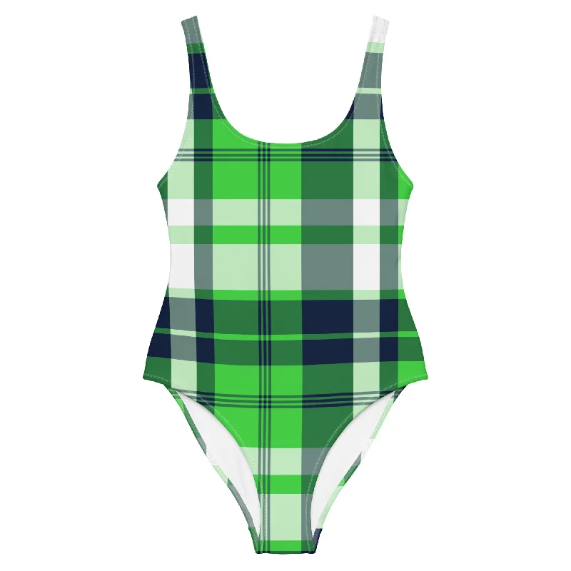 Lime Green and Navy Blue Preppy Plaid One Piece Swimsuit Sporty Swimwear Bottoms