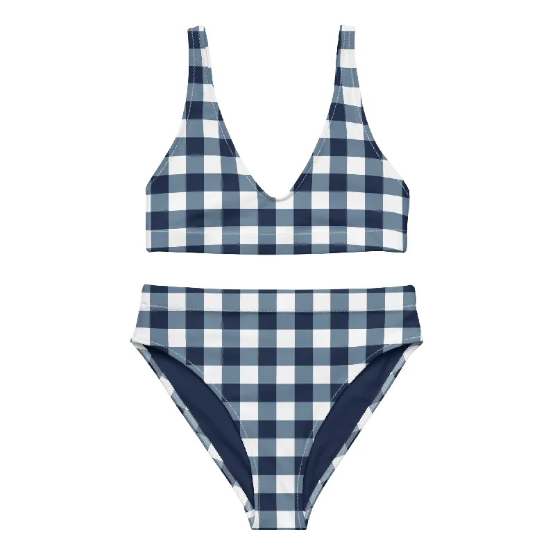 Navy Blue and White Gingham High Waisted Bikini Swimsuit Bold Color Swimsuit