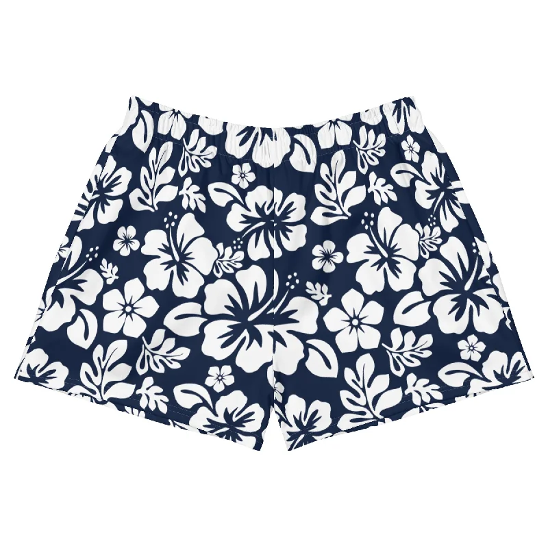 Navy Blue and White Hawaiian Flowers Women's Athletic Swim Shorts Beach Ready Swimsuit