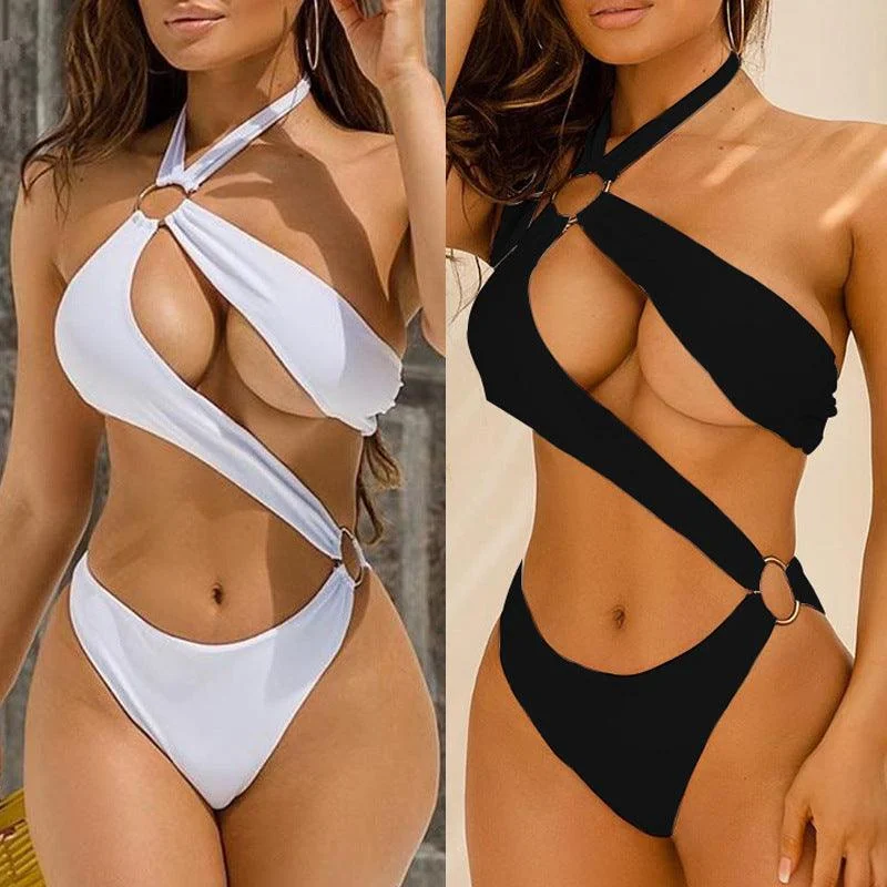 New Sexy One-piece Three-color Hollow Metal Ring Strap Bikini Swimsuit Ruffled Swimsuit Top