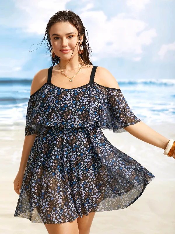 One Shoulder  Ditsy Floral Ruffles Swim Dress Mesh Detail Bikini