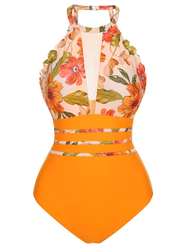 Orange 1960s Halter Floral One-Piece Swimsuit Swimsuit with Skirt