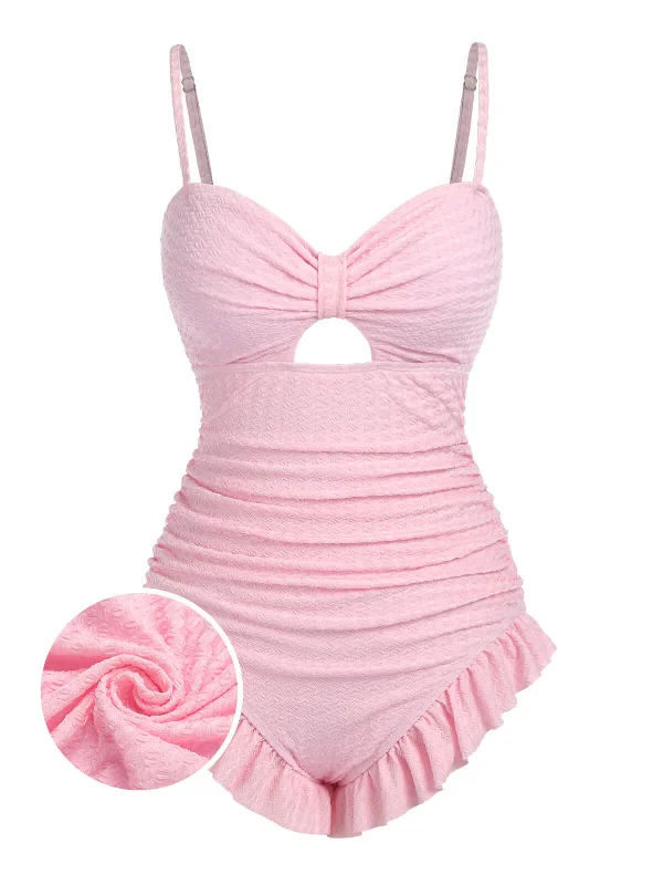 Pale Pink 1950s Solid Ruched Swimsuit Quick-Dry Swimsuit
