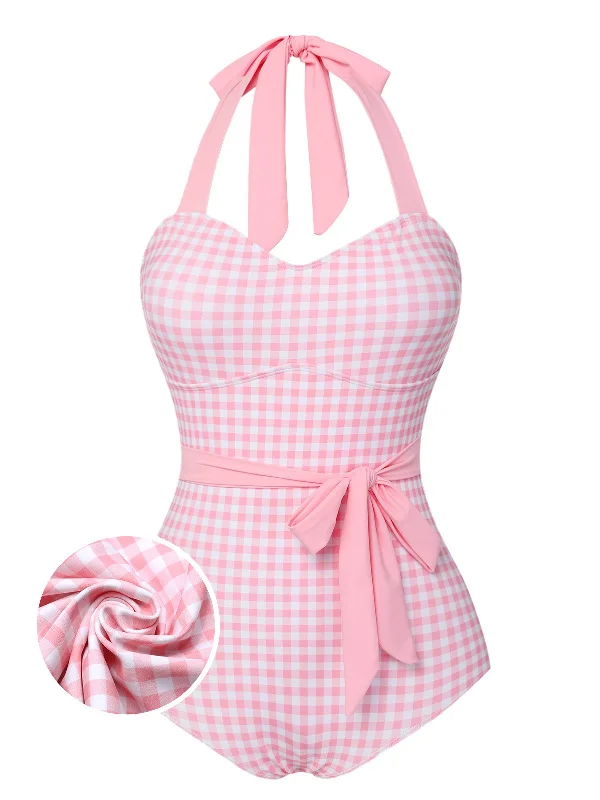 Pink 1940s Plaid Halter One-Piece Swimsuit Lace Back Bikini