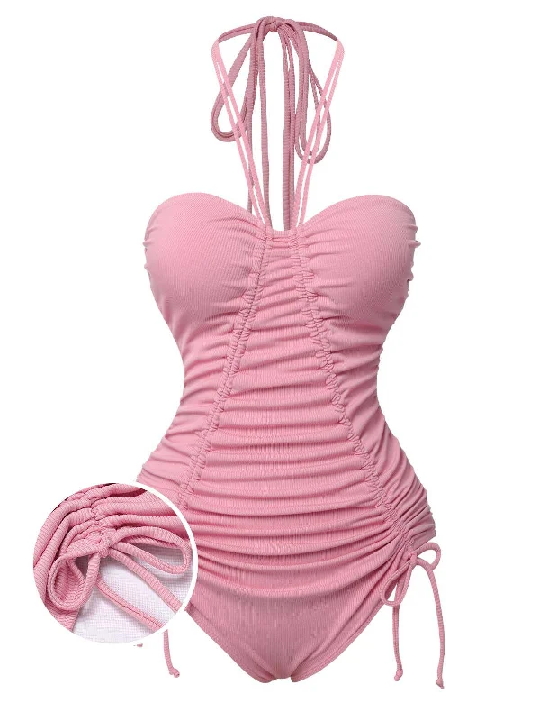 Pink 1950s Halter Pleated Solid One-Piece Swimsuit Stylish Beachwear Set