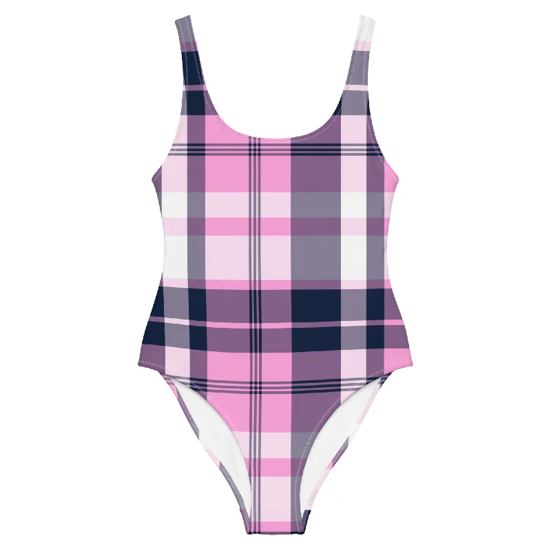 Pink and Navy Blue Preppy Plaid One Piece Women's Swimsuit Sexy Monokini Swimsuit