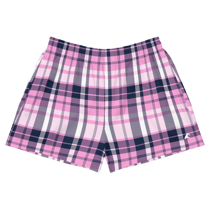 Pink and Navy Blue Preppy Plaid Women's Athletic Swim Shorts Elegant Ruffled Bikini