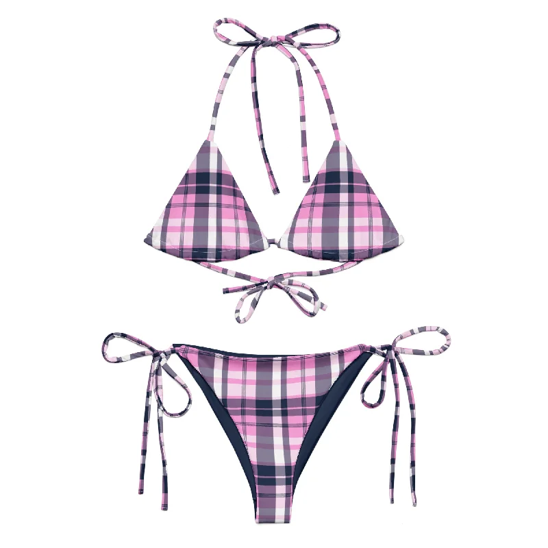 Pink and Navy Blue Preppy Surfer Girl Plaid String Bikini Swimsuit Fun Pattern Swimsuit