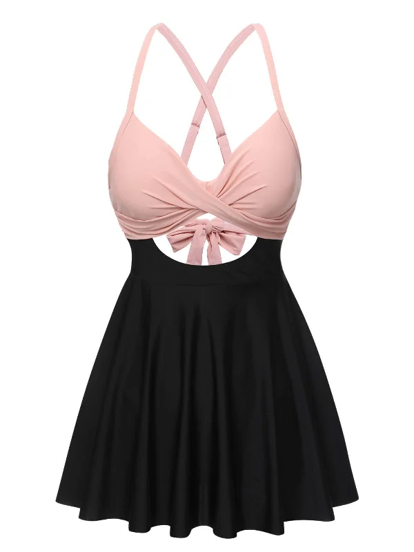 Pink & Black 1940s Front Cutout Strap Swimsuit V-Neck Swim Dress