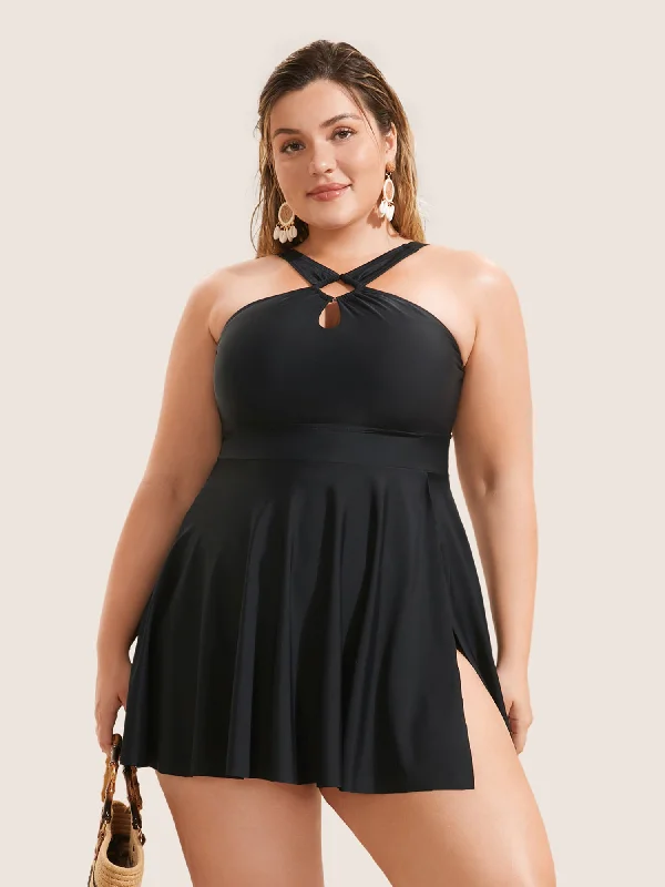 Plain Cut Out Split Side Swim Dress Two-Piece Beachwear