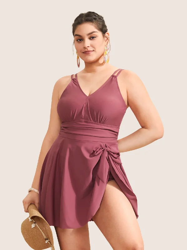 Plain Gathered Knot Adjustable Straps Swim Dress High-Waisted Swimwear