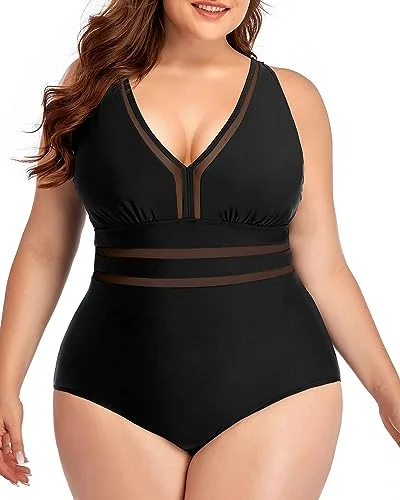 Plus Size V-Neck Mesh Line One Piece Swimsuit Elegant Ruffled Bikini