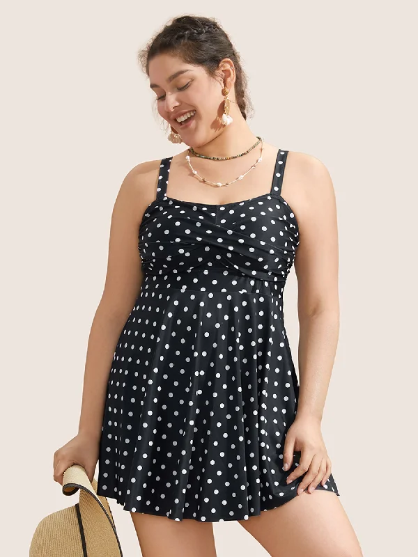 Polka Dot Crossover Ruched Flutter Hem Swim Dress Sexy Two-Piece Set