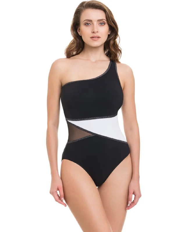Profile By Gottex Black And White Stargazer One Shoulder Mesh Inset One Piece Swimsuit Modern High-Waisted Swimsuit
