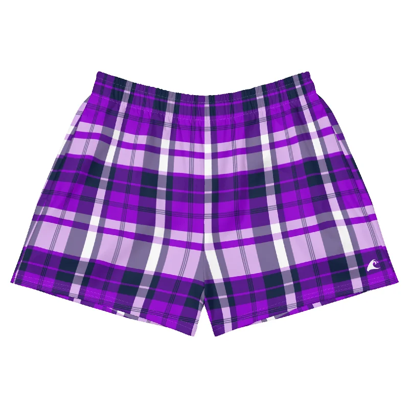 Purple and Navy Blue Preppy Plaid Women's Athletic Swim Shorts Tie-Back Swimwear