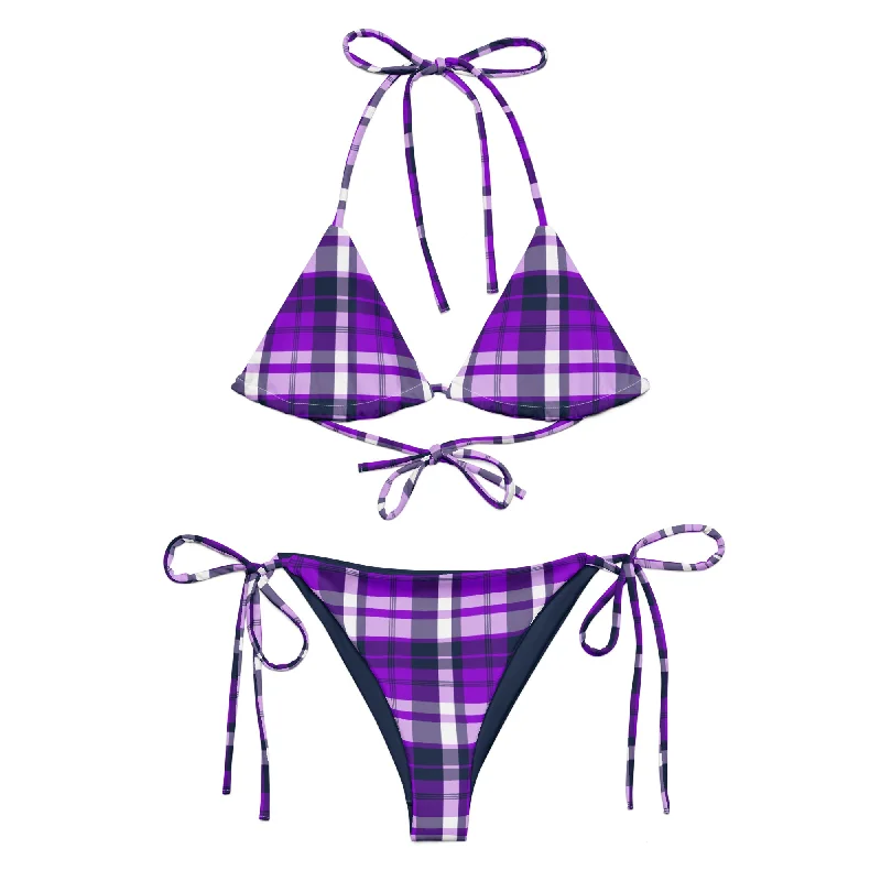 Purple and Navy Blue Preppy Surfer Girl Plaid String Bikini Swimsuit Strappy Back Bikini