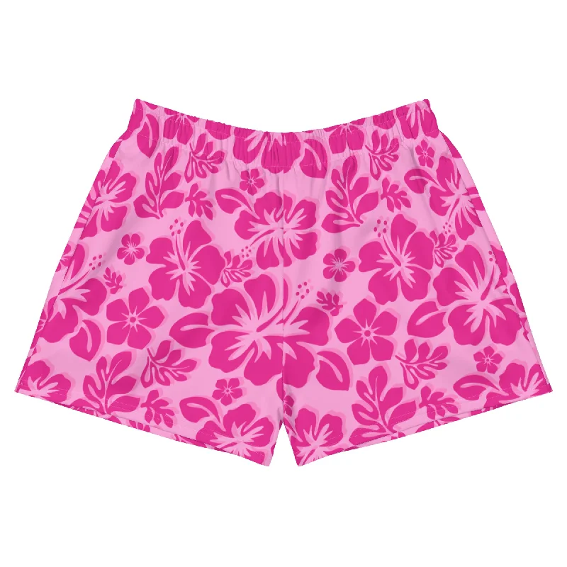 Raspberry Pinks Hawaiian Flowers Women's Athletic Swim Shorts Flirty Ruffle Swimsuit