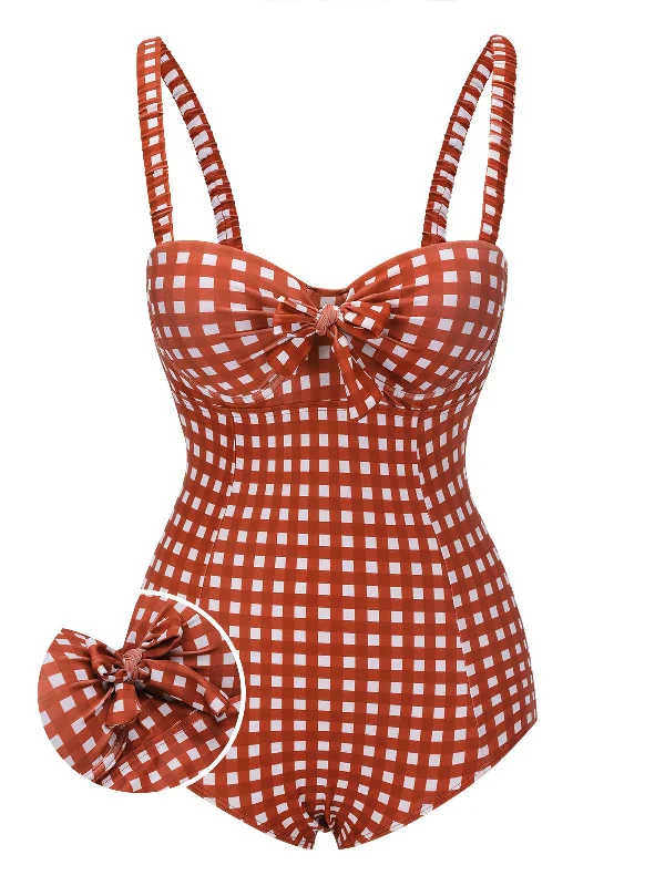 Red 1940s Plaid Strap One-piece Swimsuit Push-Up Bikini Top