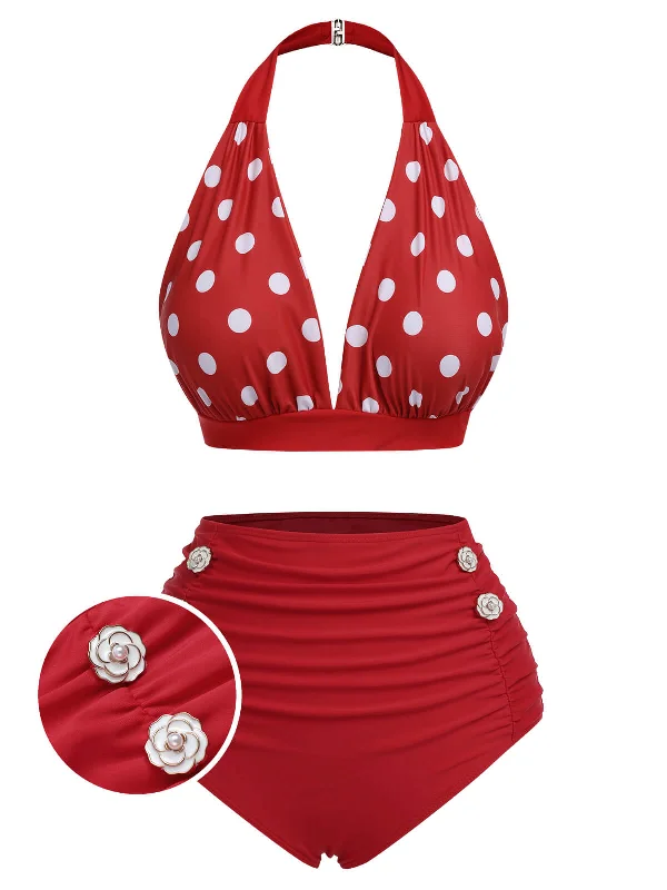 Red 1950s Polka Dot Halter Separate Swimsuit Plus-Size Bikini Set