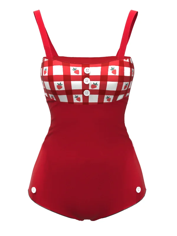 Red 1950s Strawberry Plaid Suspender Swimsuit Vintage Swimwear Look