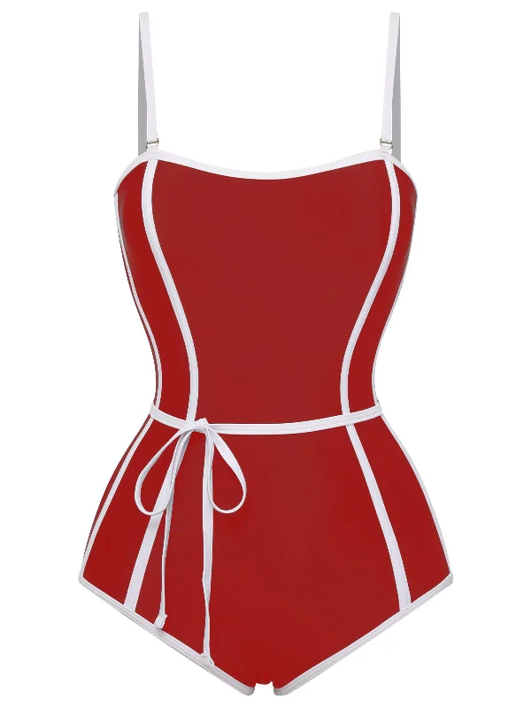 Red 1960s Lined Sling One-Piece Swimsuit Shiny One-Piece Swimsuit