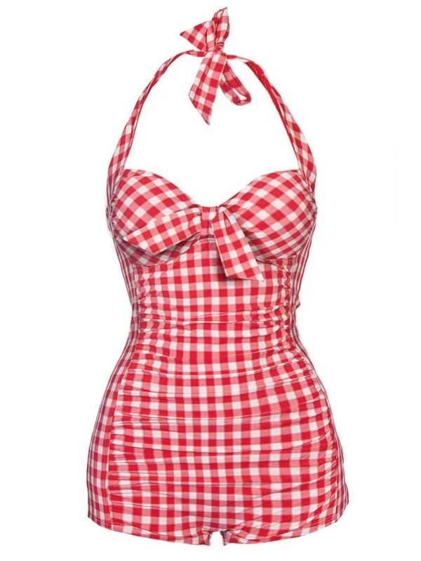 Red 1950s Plaid Halter One-piece Swimsuit Sexy Swimwear Set