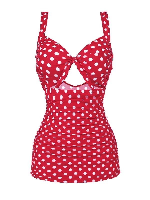 Red 1940s Polka Dot Strap One-Piece Swimsuit Ruffled Swimsuit Top