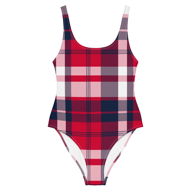 Red, White and Navy Blue Preppy Plaid One Piece Women's Swimsuit Classic Sporty Swimsuit