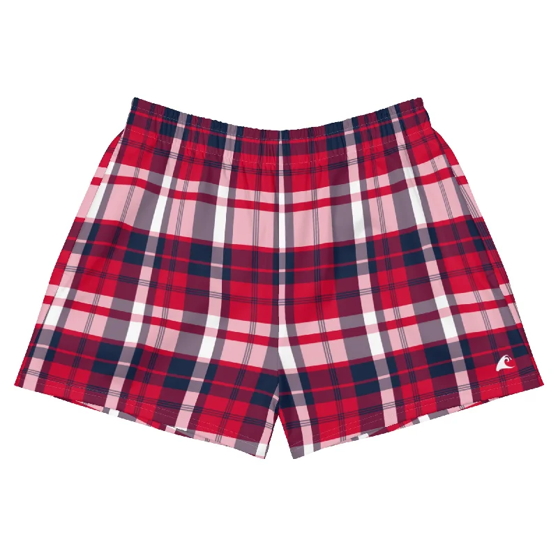 Red, White and Navy Blue Preppy Plaid Women's Athletic Swim Shorts Elegant Swim Dress