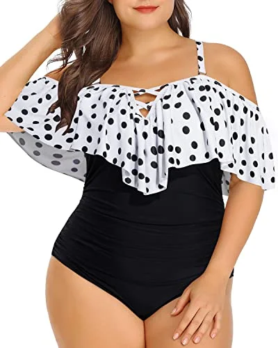 Ruched Tummy Control Women Plus Size One Piece Swimsuits-White Black Polka Dots Comfortable Swim Shorts Ruched Tummy Control Women Plus Size One Piece Swimsuits-White Black Polka Dots Comfortable Swim Shorts