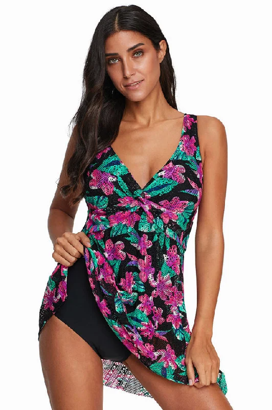 (S-3XL) Floral High Waist Tankini 2 Piece Set Button-Front Swimsuit