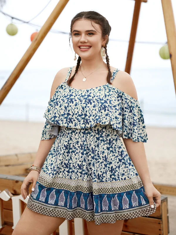 Bandana Print Cold Shoulder Swim Dress Classic Sporty Swimsuit