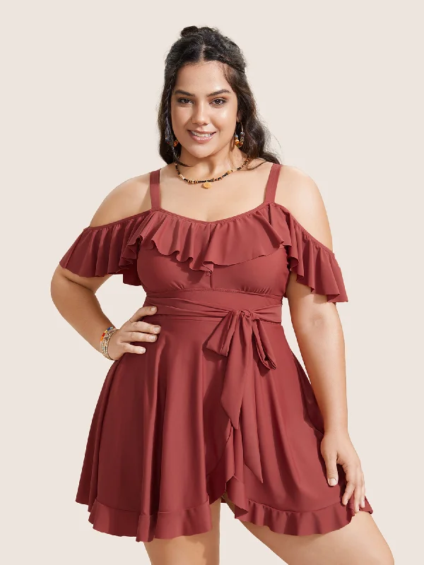 Solid Cold Shoulder Ruffles Tie Knot Swim Dress Sexy Swimwear Set
