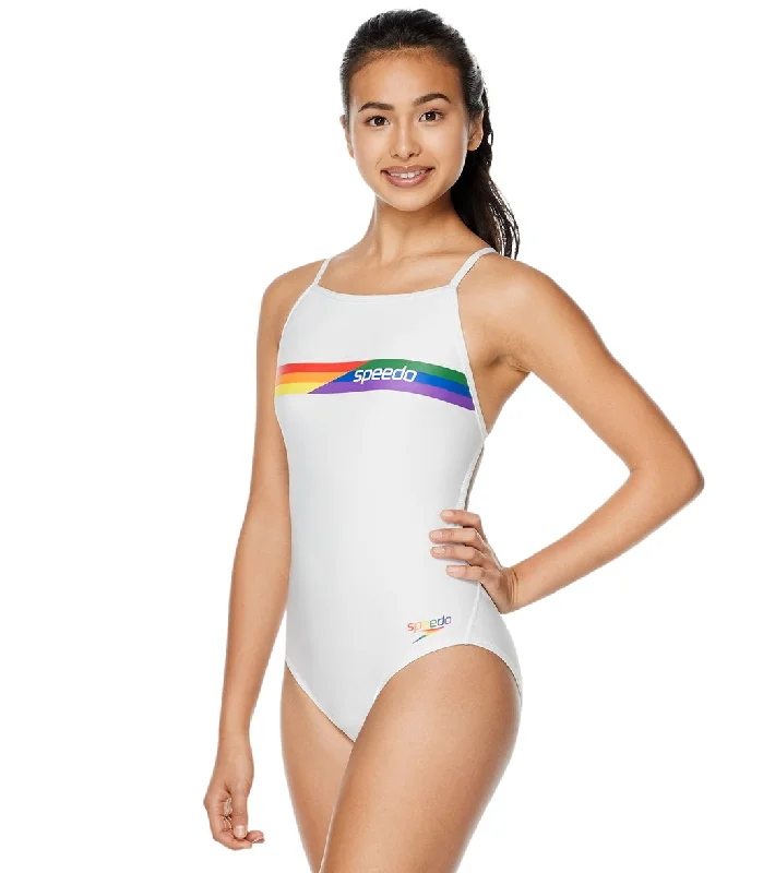 Speedo Pride Women's Graphic One Back One Piece Swimsuit Bright White Solid Color Swimsuit