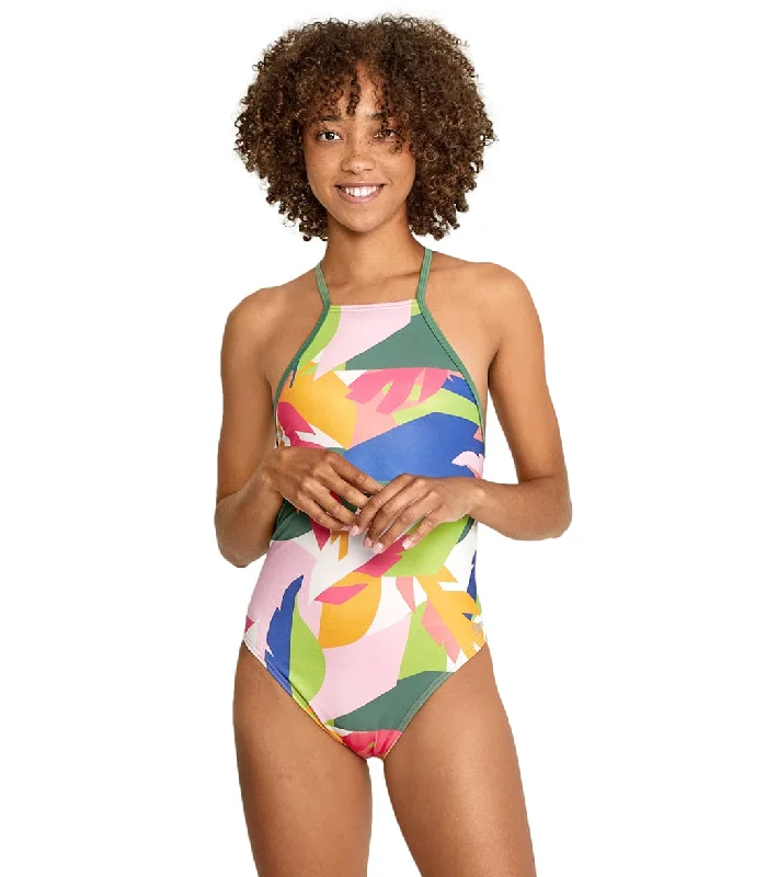 Speedo Vibe Women's Printed High Neck One Piece Swimsuit Beachy Ruffle Bikini