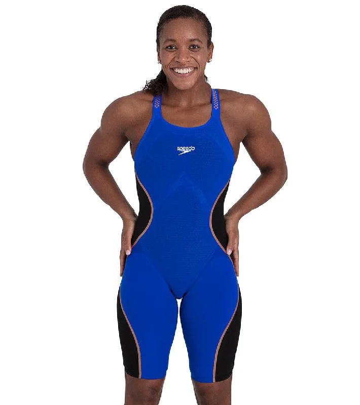 Speedo Women's Fastskin LZR Pure Intent Closed Back Kneeskin Tech Suit Swimsuit Blue Flame/Black/Rose Gold Tropical Print Bikini