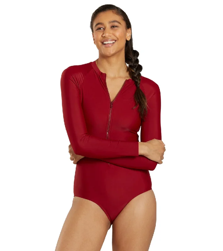 Sporti Active Solid Zip Front Long Sleeve One Piece Swimsuit Nutmeg Vintage Swimwear Look