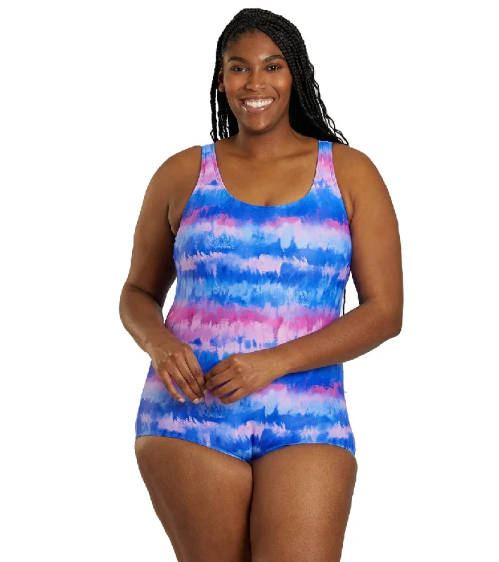 Sporti Plus Size HydroLast Malibu Sunrise Chlorine Resistant Conservative Scoop Back One Piece Swimsuit Swim Dress with Belt