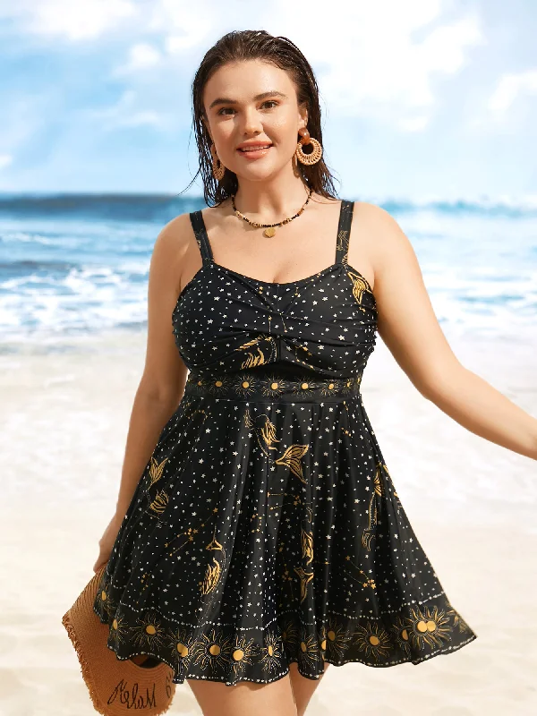 Star & Sun Print Heart Neckline Crossover Swim Dress High-Waisted Swim Bottoms