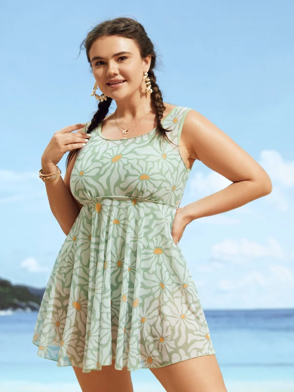 Sun Print U Neck See Through Gathered Swim Dress Cross-Back Bikini