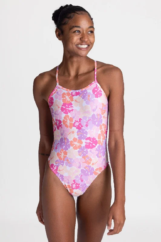 Brandon 2 Swim Onesie - Happy Hibiscus Sporty Racerback Swimsuit