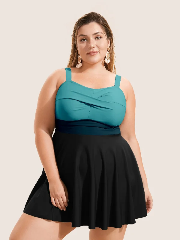 Twist Front Patchwork Adjustable Straps Swim Dress V-Neck Swim Dress