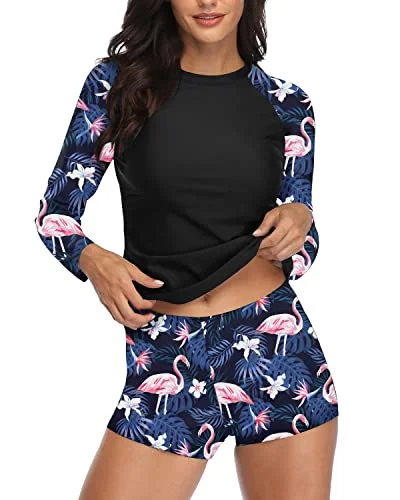 Comfortable Women's Boyshort Rashguard Swimsuit Set-Black Flamingo Playful Pattern Swimsuit