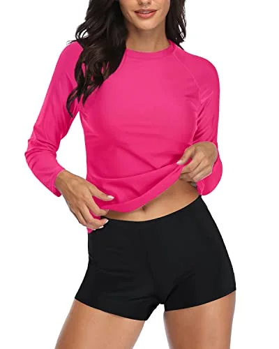 Long Sleeve Women's Rash Guard Boyshort Swimsuit Set-Neon Pink And Black Trendy Swimsuit Bottoms