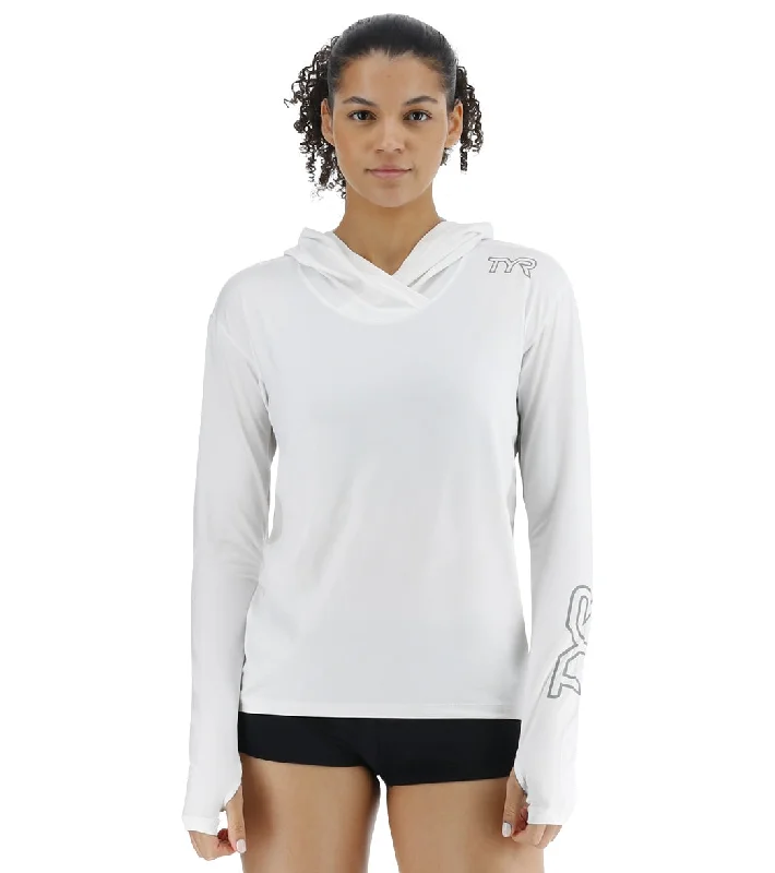 TYR Women's SunDefense Long Sleeve Hooded UPF 50+ Swim Shirt White Sleek Racerback Swimsuit