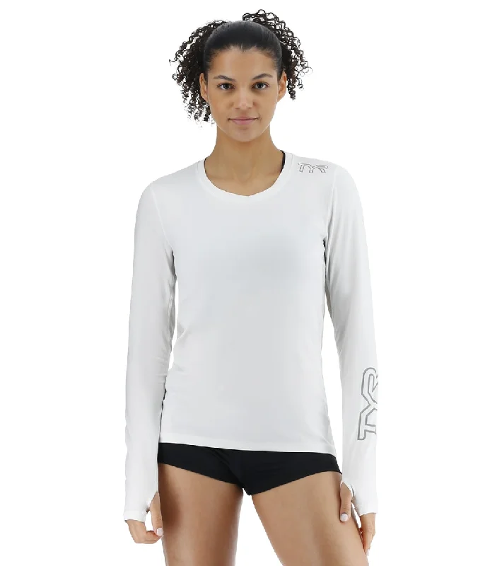 TYR Women's SunDefense Vented Long Sleeve UPF 50+ Swim Shirt White Minimalist One-Piece